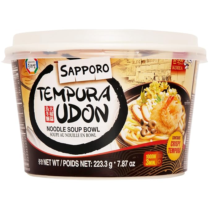 Surasang Tempura Udon Noodle Bowl, Instant Noodles with Tsuyu Soup Base | Katsuobushi & Tempura Flakes, 3-Minute Microwave Meal, 7.87 oz, Pack of 6