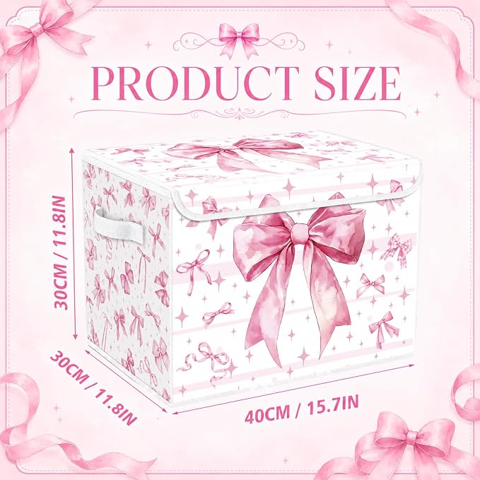 Briwooody Pink Bow Storage Bin with Lid and Carrying Handle Cute Coquette Foldable Storage Box Large Bow Knot Girly Decorative Collapsible Container Basket for Organizing Closet Home Bedroom Gift