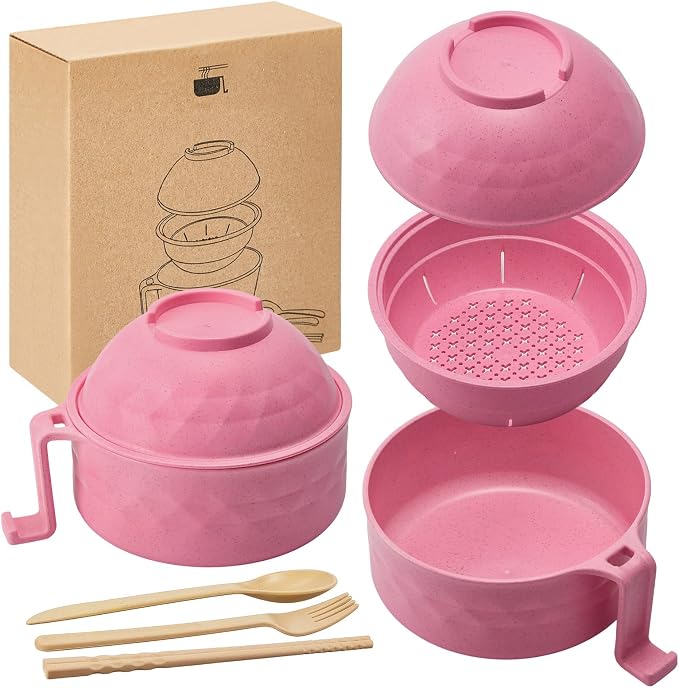 1 Set Microwave Ramen Cooker 40oz Wheat Straw Microwave Noodle Bowl Set with Chopsticks, Spoon, Fork, College Dorm Office Apartment Essentials (Pink)
