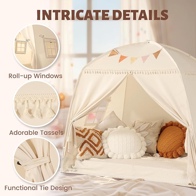 Sumbababy Large Teepee Tent for Kids: with Star Lights & Flags - Tent for Kids Indoor Kids Teepee for Boys & Girls - Playhouse Inside Canopy Bed for Playroom Gift Toys (Cream)