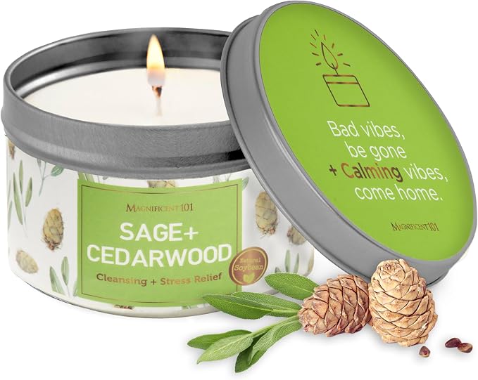 MAGNIFICENT 101 Sage & Cedarwood Scented Soy Candle - 6 Oz - 35-Hour Burn - Energy Cleansing & Stress Relief - Aromatherapy Candle & Spiritual Gifts for Women