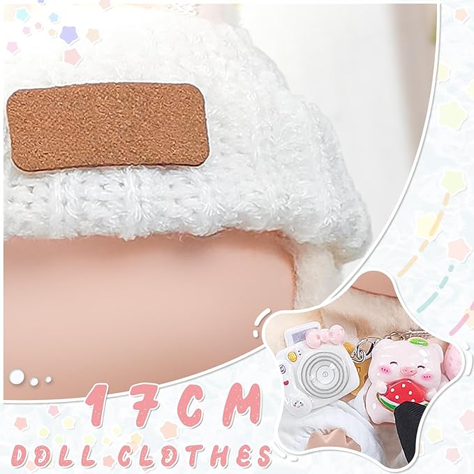 Doll Clothes for 17cm Dolls, Soft Knit Hat, Cozy Overalls, Camera, Bottle & Cute Accessories (No Doll) (White)