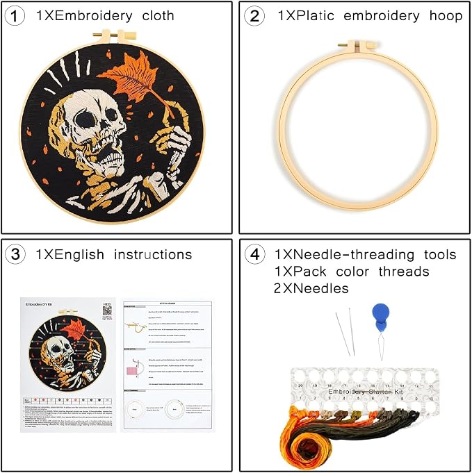 Crafmanoe Halloween Gothic Embroidery Starter Kit for Beginners Adults, Skull Skeleton Stamped Cross Stitch Kits for Beginners Adults, Funny Fall Hand Embroidery Needlepoint Kits with Video Tutorial