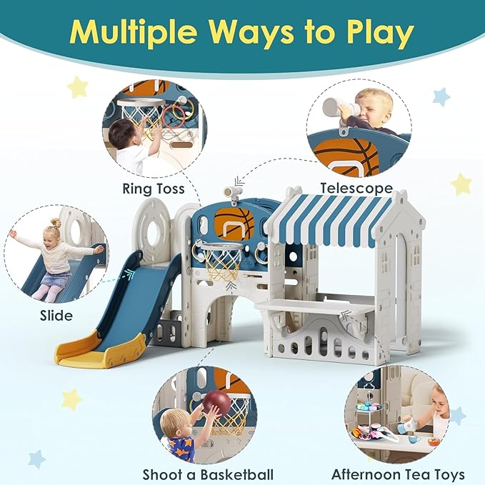 BIERUM 10 in 1 Toddler Slide with Basketball Hoop, Outdoor Slide for Toddlers Age 1-3 with Kid Playhouse, Indoor Toddler Playset Toddler Playground with Kitchen Toys Set Blue Yellow