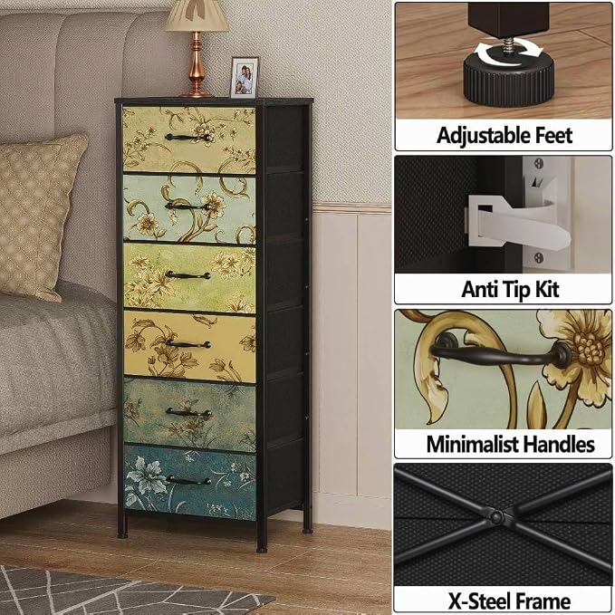 Tall 6 Drawers Dresser for Bedroom, Vintage Storage Organizer Unit | Tall Nightstand with Fabric Drawers, Retro Floral Pattern, Skinny Dresser for Closet, Dorm, Entryway, Metal Frame, Wood Top