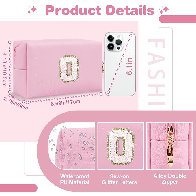 Small Personalized Initial A-Z Patch Makeup Bag,Pink Cute PU Leather Glitter Letter Cosmetic Bag for Teen Girls,Travel Toiletry Bag with Zipper,Preppy Monogrammed Birthday Gift for Daughter Niece O