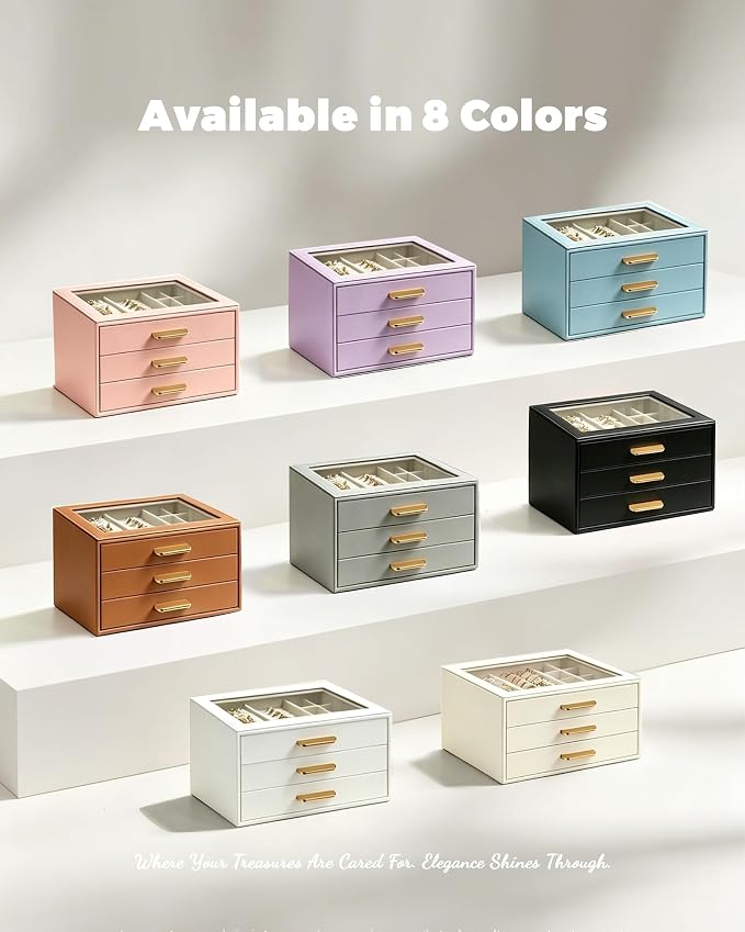 Homeanda Jewelry Boxes Organizer with Glass Lid, 3-Layer PU Leather, Beige | Modern style display case with 3 drawers for daily jewelry, women, mom or girl gift