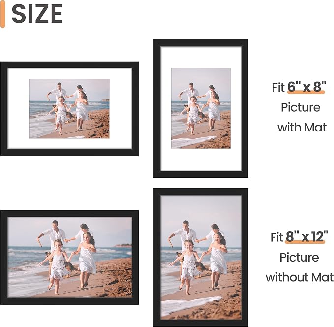 upsimples 8x12 Picture Frame, Display Pictures 6x8 with Mat or 8x12 Without, Wall Hanging Photo Frames, Black, 1 Pack