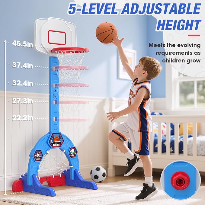 HYES Toddler Basketball Hoop, 3-in-1 Sports Activity Center with Soccer Goal, Golf Game, 5 Height Adjustable Kids Basketball Hoop, Indoor Outdoor Playset Toys Gifts for Boys Girls 3-5, Blue