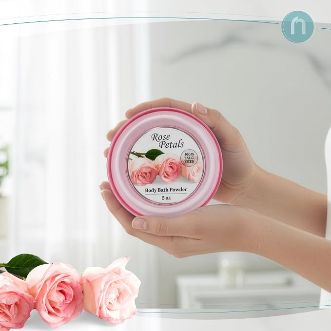 R-NEU 2 Pack Body Powder for Women with Powder Puff, 100% Talc-Free, Elegant Rose Petal Scented Dusting Powder, After Bath for Soft Skin, Extra Large, (10oz)