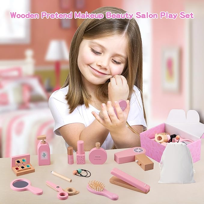 Ehome Wooden Beauty Salon Play Set, Makeup Kit Play Set Wood Makeup Toy Set for Toddler Pretend Play Makeup Kit with Realistic Accessories for Girls 3 4 5 6 7 8 Year Old Christmas Birthday Gifts