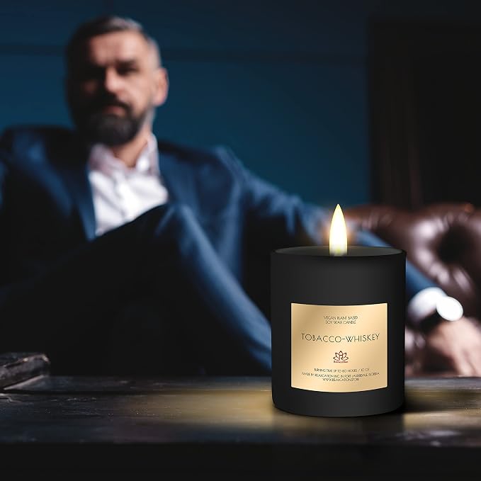 Candle for Men - Natural Soy Wax Candle in Big Glass Jar - Highly Scented Candle Tobacco & Whisky Scent | Ideal for Home, Gift for Men, Husband, Father - Handmade in USA