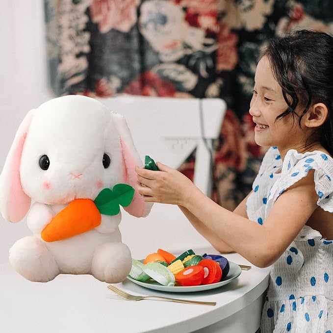 HOUPU Soft Toy - Sitting Lop Eared Rabbit, Easter White Rabbit Stuffed Bunny Animal with Carrot Soft Lovely Realistic Long-Eared Standing Pink Plush Toys (White-Carrot,12.5in/32cm)