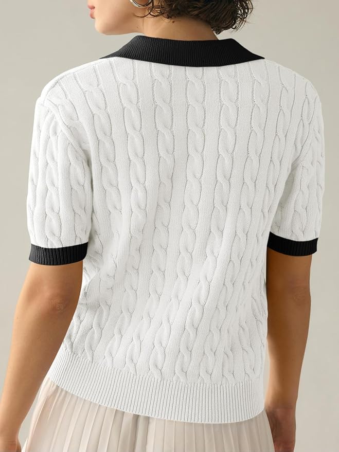 Imily Bela Womens Cable Short Sleeve Sweaters Tops Lapel V Neck Knit Shirt | Solid,Knit Casual,Soft Pullover,Fall Sweaters,Womens Summer Work Tops