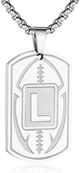 Initial A-Z Dog Tag Necklace for Men - Football Charm Pendant, Stainless Steel Chain 22+2 Inches, Personalized Sports Athletes Jewelry Gift