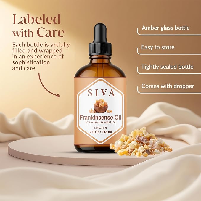 Siva Frankincense Essential Oil 4 Fl Oz – for Diffuser, Skin & Hair Care – Ideal for Massage & DIY Blends - with Dropper