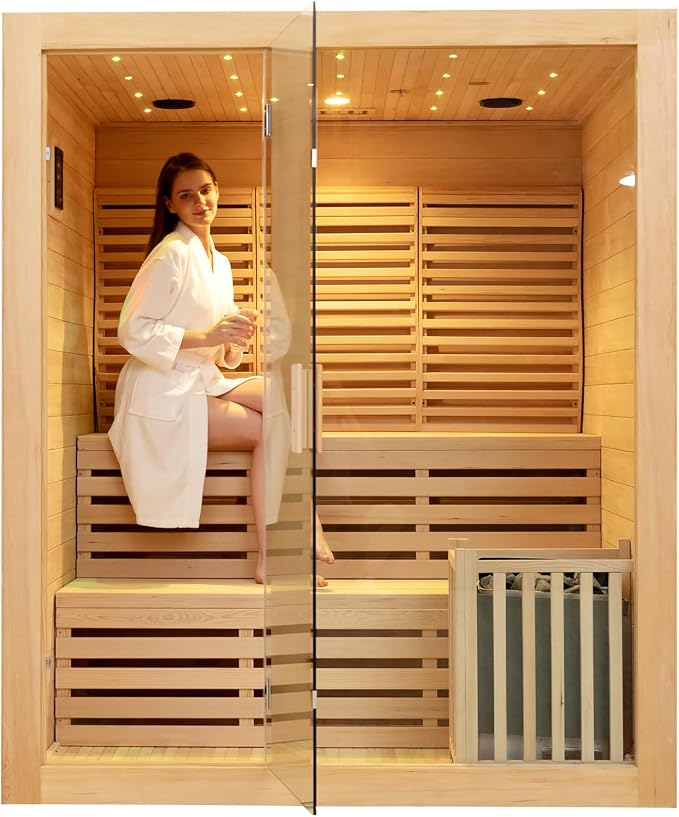 ZONEMEL Wooden Steam Sauna Room, 4 to 5 Person Canadian Hemlock Luxurious Indoor Sauna with 6 KW Harvia Stove Heater, Sauna Stone, Wooden Bucket, Scoop, Reading Light, WiFi Control, 220V, 195℉