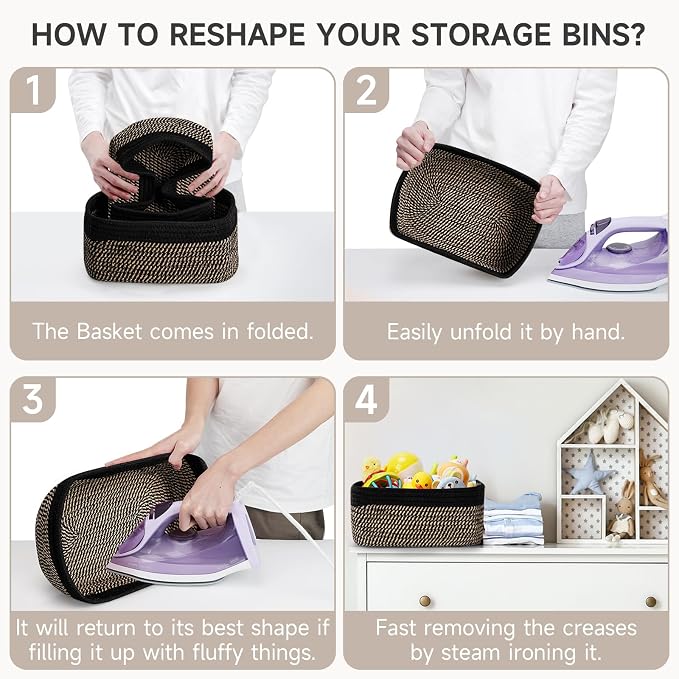 3 Pack Small Storage Baskets for Organizing, 11.8×7.8×5.1", Black Brown | Woven Baskets for shelves, Cotton Rope Basket for Gifts Empty, Closet Organizer Bins with Handles, Cube Decorative Box