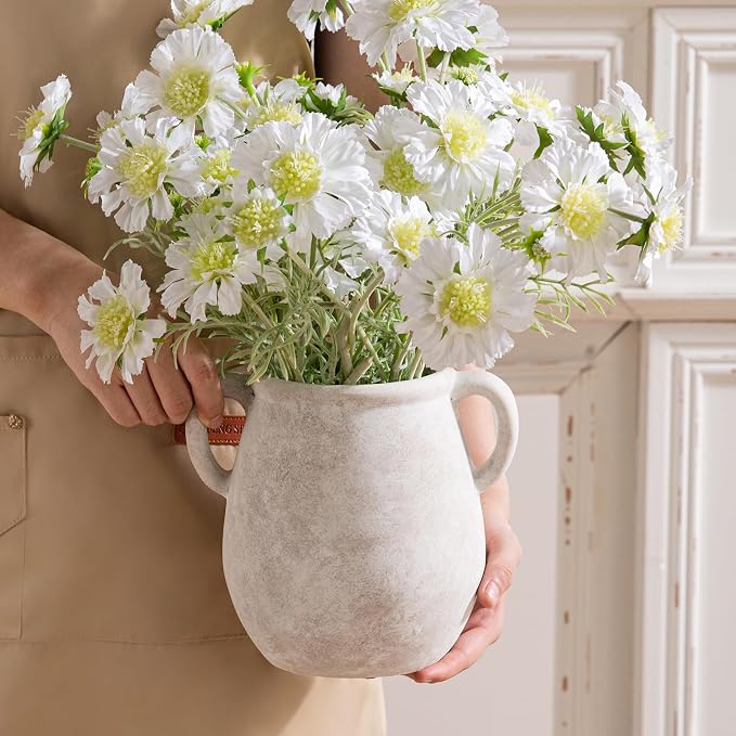 Vanselia Ceramic Flower Vase Home Table Decor Living Room Farmhouse 7.1 in | Small White Rustic Decorative Flowers Vases Plant Modern Decoration for Kitchen Shelf Coffee Dining Centerpieces Desk