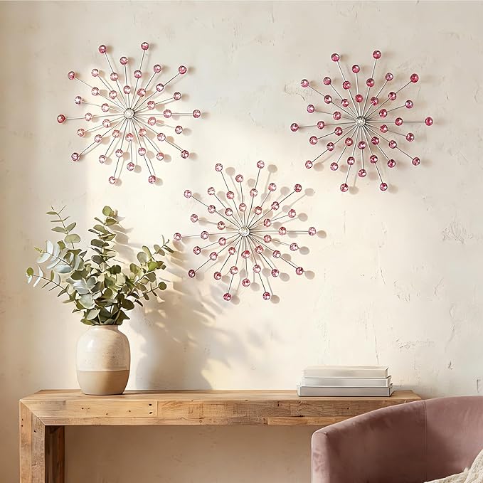 ZEXUIRU 3 Set Silver Starburst Wall Art for Home Decor Metal Bling Crystal Rhinestones Sunburst Wall Decor Sparkling Rhinestone Art Accent Silver - 13in
