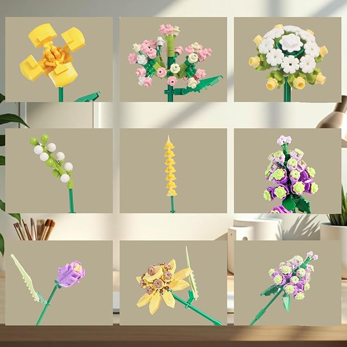 Flower Bouquet Micro Building Set with Vase, Botanical Collection Building Toy, Artificial Flowers Building Blocks Toy Home Office Decor