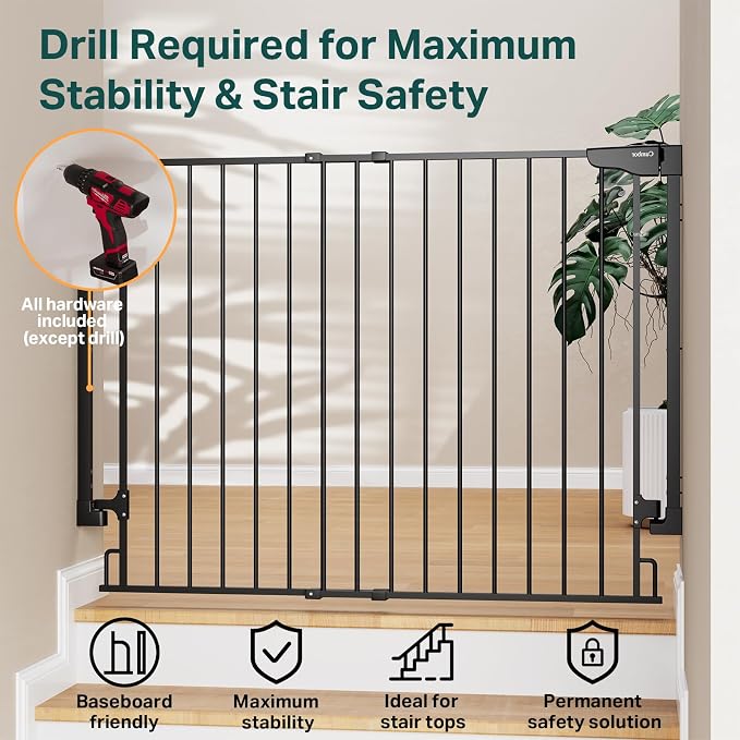Cumbor 34" Extra Tall No Bottom Bar Baby Gate for Stairs, Hardware Mounted Dog Gate Indoor for Larger Pets, Expandable 31.6-48" Safety Gate for Doorways, Wide Walk Thru Door for Easy Access (Black)