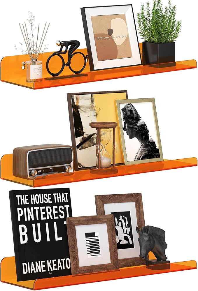 Qukaka Floating Shelves for Wall Decor, 15" Wall Shelves for Bedroom, Living Room, Kitchen, Bathroom Decor, Nail Polish/Book/Decoration/Makeup/Perfume Organizer Floating Shelf-3Pack Clear Orange