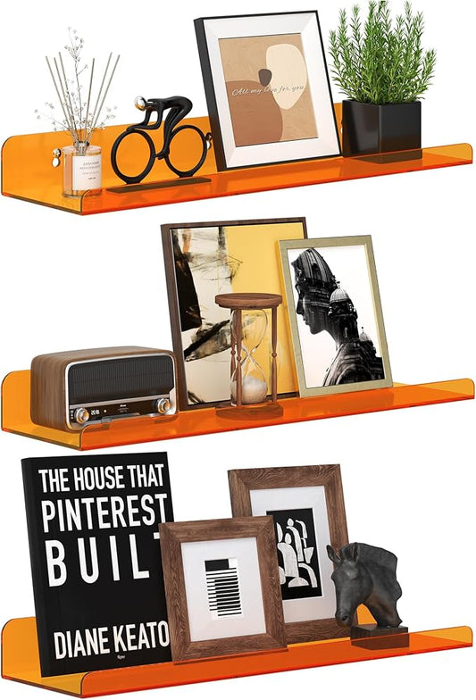 Qukaka Floating Shelves for Wall Decor, 15" Wall Shelves for Bedroom, Living Room, Kitchen, Bathroom Decor, Nail Polish/Book/Decoration/Makeup/Perfume Organizer Floating Shelf-3Pack Clear Orange