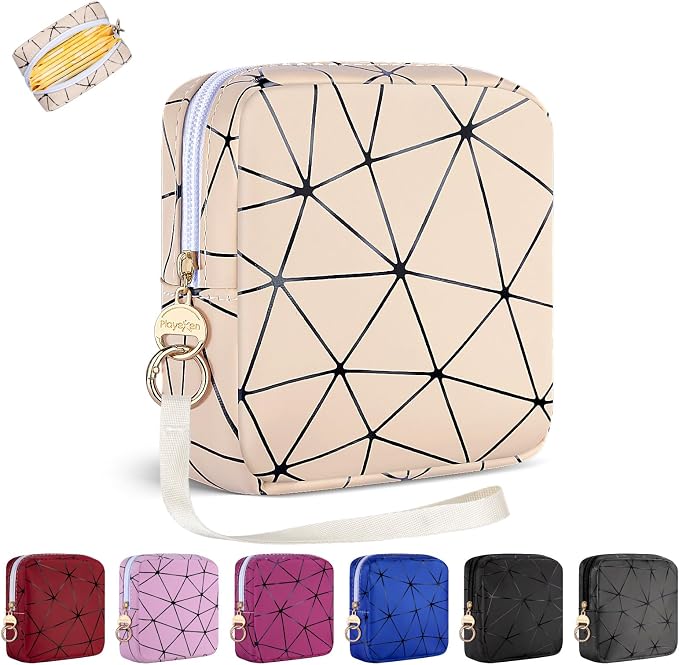 Period Bag for Teen Girls, PU Leather Sanitary Napkin Storage Bag, Menstrual Pad Bag Tampon Holder for Purse (Beige)
