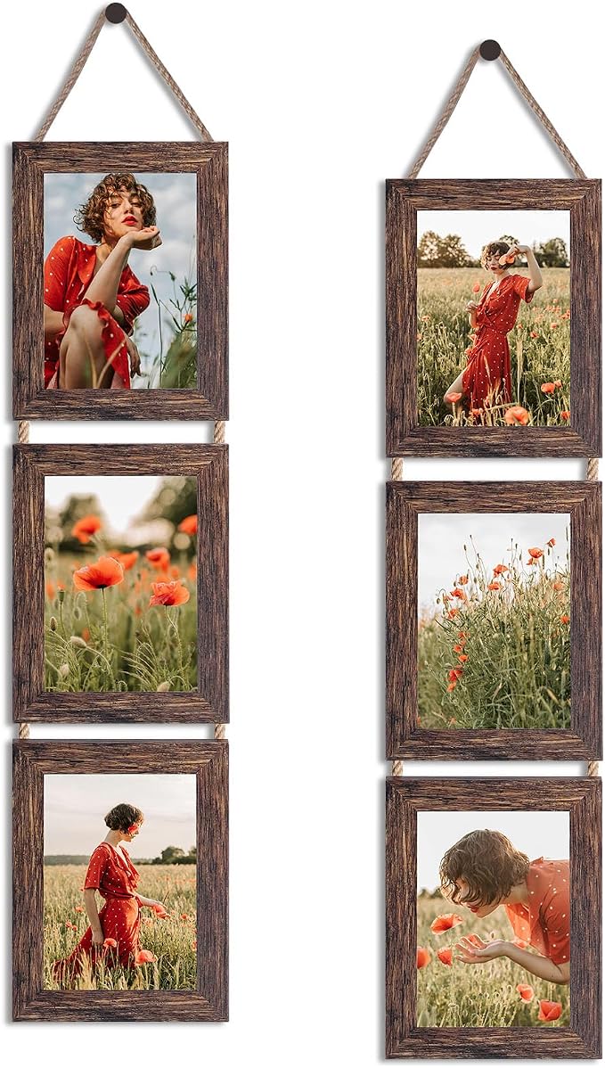 QUTREY Collage Picture Frames 5x7, 3 Openings Hanging Photo Frame Set for Vertical 5 by 7 inch Pictures for Wall, Distressed Brown, 2 Pack