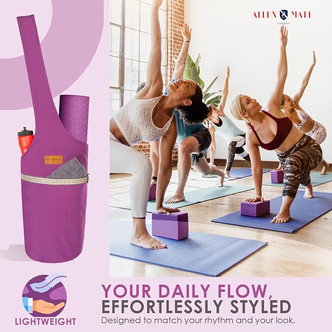 ALLEN & MATE 100% Cotton Canvas Yoga Mat Bag - Shoulder Strap Carrier Large Size Pocket Zipper Storage Yoga Bag holds more Accessories & Pilates Mats