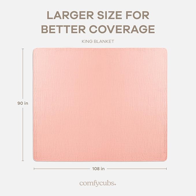 Comfy Cubs Adult Muslin Blanket 108x90” King Swaddle Blankets, Bold Blush | 6 Layer Soft, Breathable & Lightweight Muslin Adult Blanket - Machine Washable & Designed in the US Bedding for All Seasons