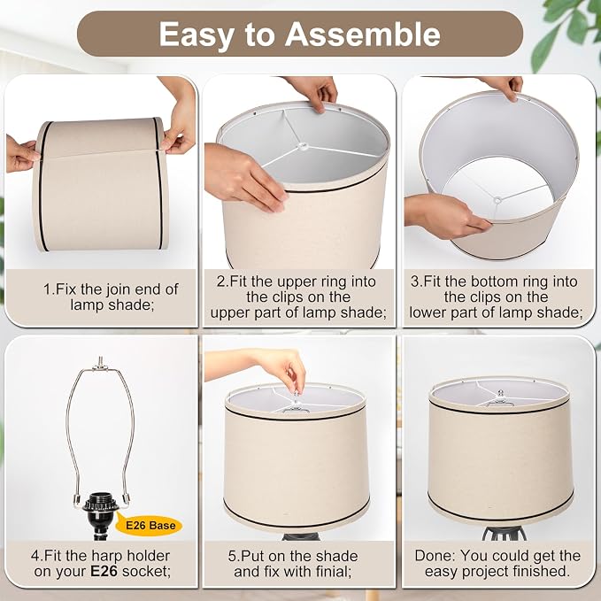 Drum Lampshades Set of 2, 11.6" x 12.6" x 9.8" Medium, Beige with Black Rim | Lampshades for Table Lamps, Natural Linen Lampshades for Floor Lamps Wall Lamps, Spider, Harp Holders Inculded, Easy Assembly