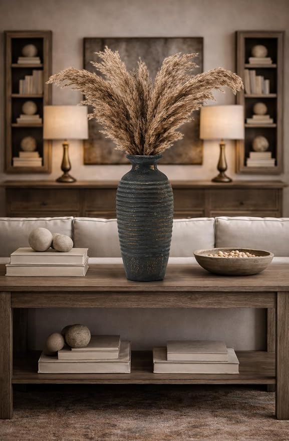 Emotionally Grounded Vase, Vaseking Large Ceramic Rustic Vase, 14.4 inch Minimalist Threaded Decorative Farmhouse Tall Vases for Home Decor, Living Room, Enterway, Table Decoration, Bronze