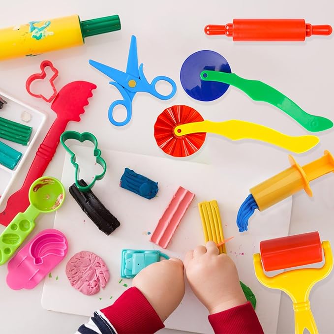Dough Tool Kit,9 Pcs Basic Clay and Dough Tools Starter Set for Kids Includes Cutters Roller, Rolling Pins, Safety Scissors,Dough Extruder,Plastic Knife