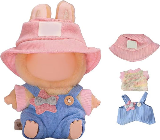17cm Doll Clothes Outfits - Cozy Knit Top & Beanie Hat for Plush/Blind Box Collectibles (Blue Overalls)