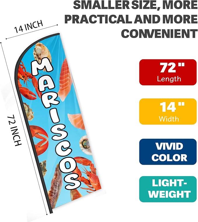 Mariscos Feather Flag for Storefronts Fairs,6 FT (Flagpole Not Included) | Business Advertising Flag