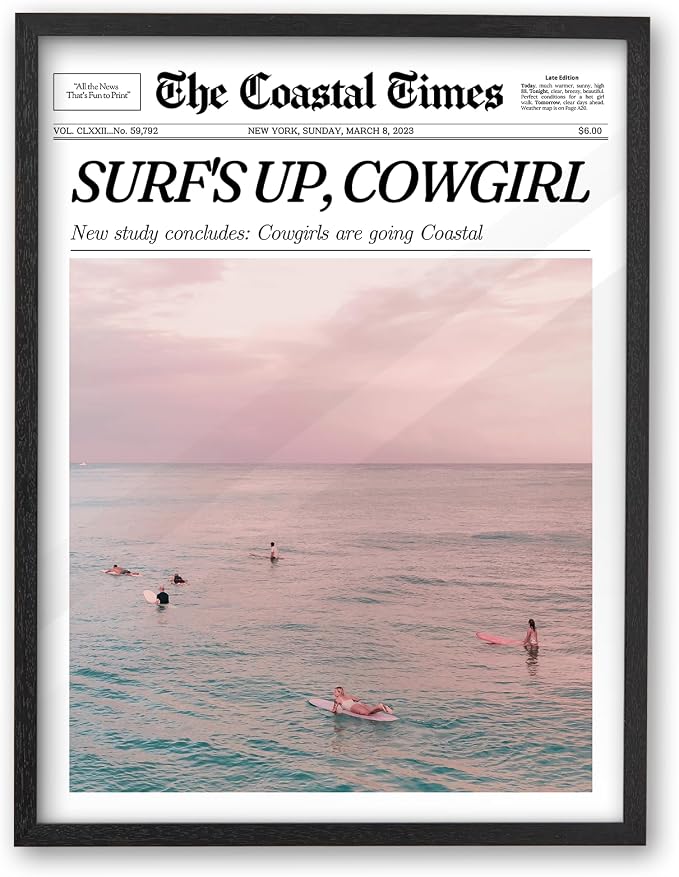 iHery 16x20in Surf’s Up Cowgirl Black Framed Newspaper Wall Art | Premium Black Natural OAK Wood Frame with Canvas Print, Coastal Cowgirl Decor for Bedroom, Dorm, Living Room 1Pack