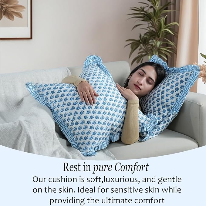 CPC Block Print Ruffle Throw Cover Apatite Blue 18"x18" Inch Pack of 2-100% Cotton Ruffle Couch Decorative Boho Pillows Case for Living Room, Bedroom, Sofa, Farmhouse Gift for Spring, Mother's Day