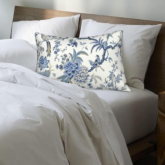 Chinoiserie Floral Bird Pillow Covers 12x20 Set of 2 Blue Chinoiserie Flowers Decorative Pillow Cases Outdoor Blue and Cream Throw Pillows Farmhouse Linen Cushion Cases for Couch Home Decor