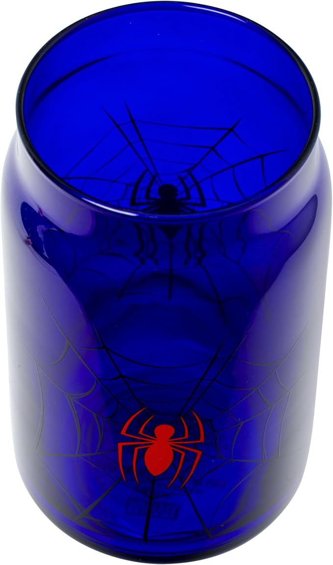 Silver Buffalo Marvel Spider-Man Spidey Spider Web Logo Glass Jar Tumbler with Bamboo Lid and Glass Straw, 16 Ounces