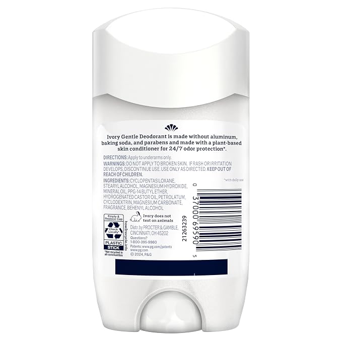 Ivory Aluminum Free Deodorant, Notes of Coconut, 24hr Gentle Deodorant, Dermatologist Tested, Baking Soda Free, Paraben Free, 2.4 oz