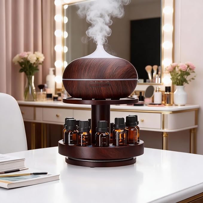 TJ.MOREE Bamboo Essential Oil Organizer 2-Tier Carousel Holder Black Walnut | Bamboo Material, Fits 5 ml to 30 ml Essential Oil Bottles, Suitable for Home and Office Spaces