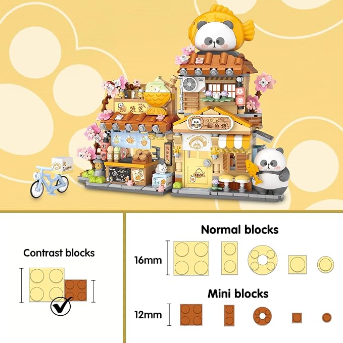 Cute Panda Mini Building Blocks Set, 858PCS MOC Mini Architecture Building Kits with Taiyaki Shop Street View Design - STEM Educational Construction Gift for Girls Boys Kids Adults