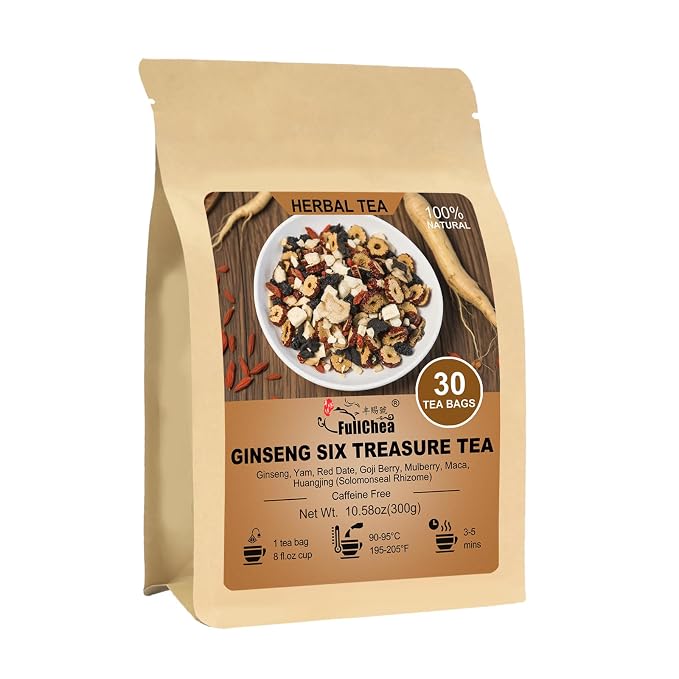FullChea - Ginseng Six Treasure Tea, 30 Teabags, Traditional Chinese Herbal Blend for Kidney Health, Detox Tea With Ginseng, Mulberry, Huangjing, Maca, Goji Berry, Red Dates, Yam - Support Wellness