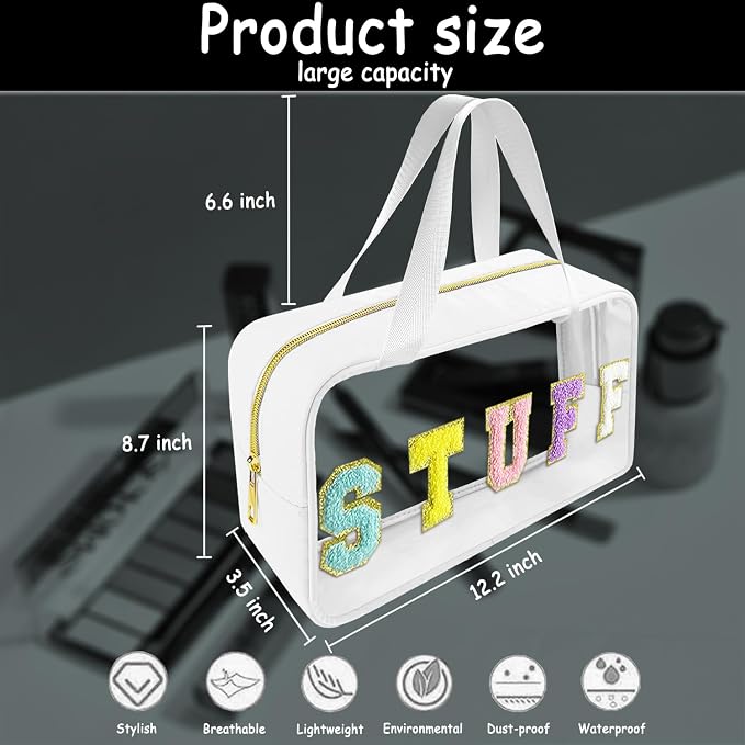 Chenille Letter Clear Makeup Bag Stuff Patch, Travel Toiletry Makeup Bag with Handle, Nylon Waterproof Makeup Bags clear cosmetic bag, preppy patch makeup bag for Women (STUFF-White)