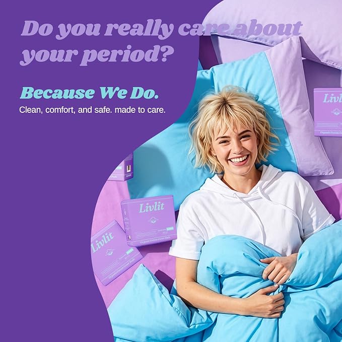 Livlit Super Long Overnight Pads - 100% Organic Cotton from Texas, Heavy Absorbency, Powerful Leak Protection, Unscented, Extra Long Length (10 Count)