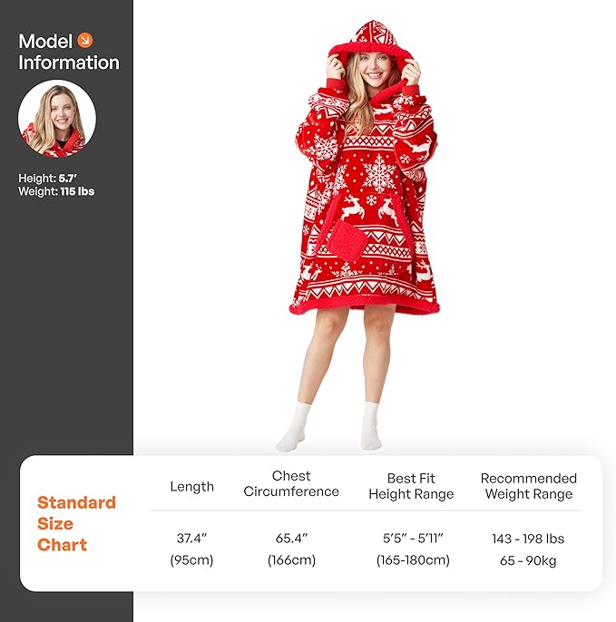 Giggling Getup Wearable Blanket Hoodie for Adults Gifts for Teen Girls Sister Women Sherpa Fleece Printed Hooded Blanket Sweatshirt Warm Cozy with Pocket & Sleeves Red Christmas Reindeer