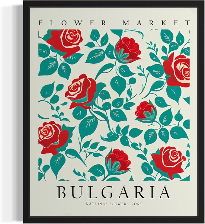 Bulgaria, Rose Art Print Poster, Flower Market Wall Art, Floral Artwork Decor for Bedroom, Kitchen, Bathroom, Livingroom Decoration 52 (Bulgaria, Rose, 10"L x 8"W, Black Frame)