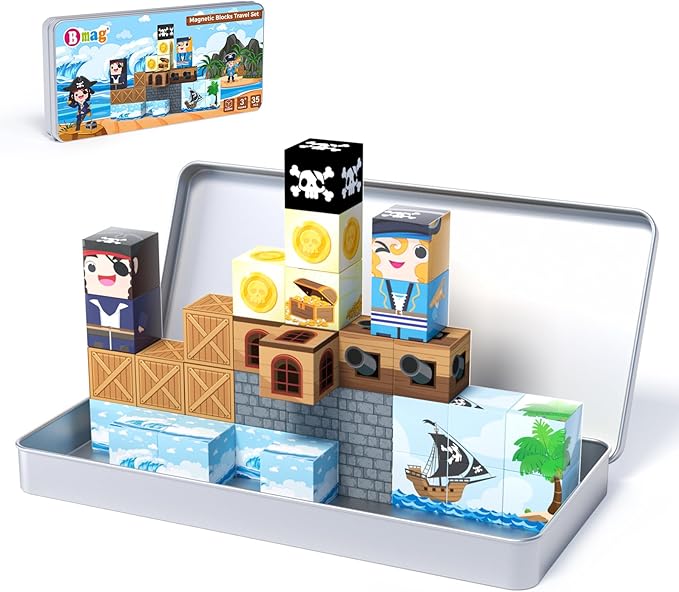 Bmag Magnetic Building Blocks Set - 35 PCS Pirate Ship, STEM Educational Magnet Toys for Kids Age 3+, Travel-Friendly with Storage Box